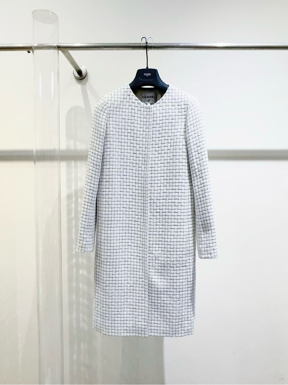 CHANEL White Checked Tweed Coat